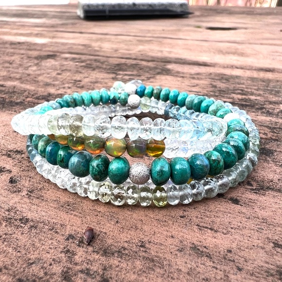 Natural Chrysocolla, Aquamarine, Moonstone Wrap Bracelet Necklace 14k White Gold - Picture 10 of 11